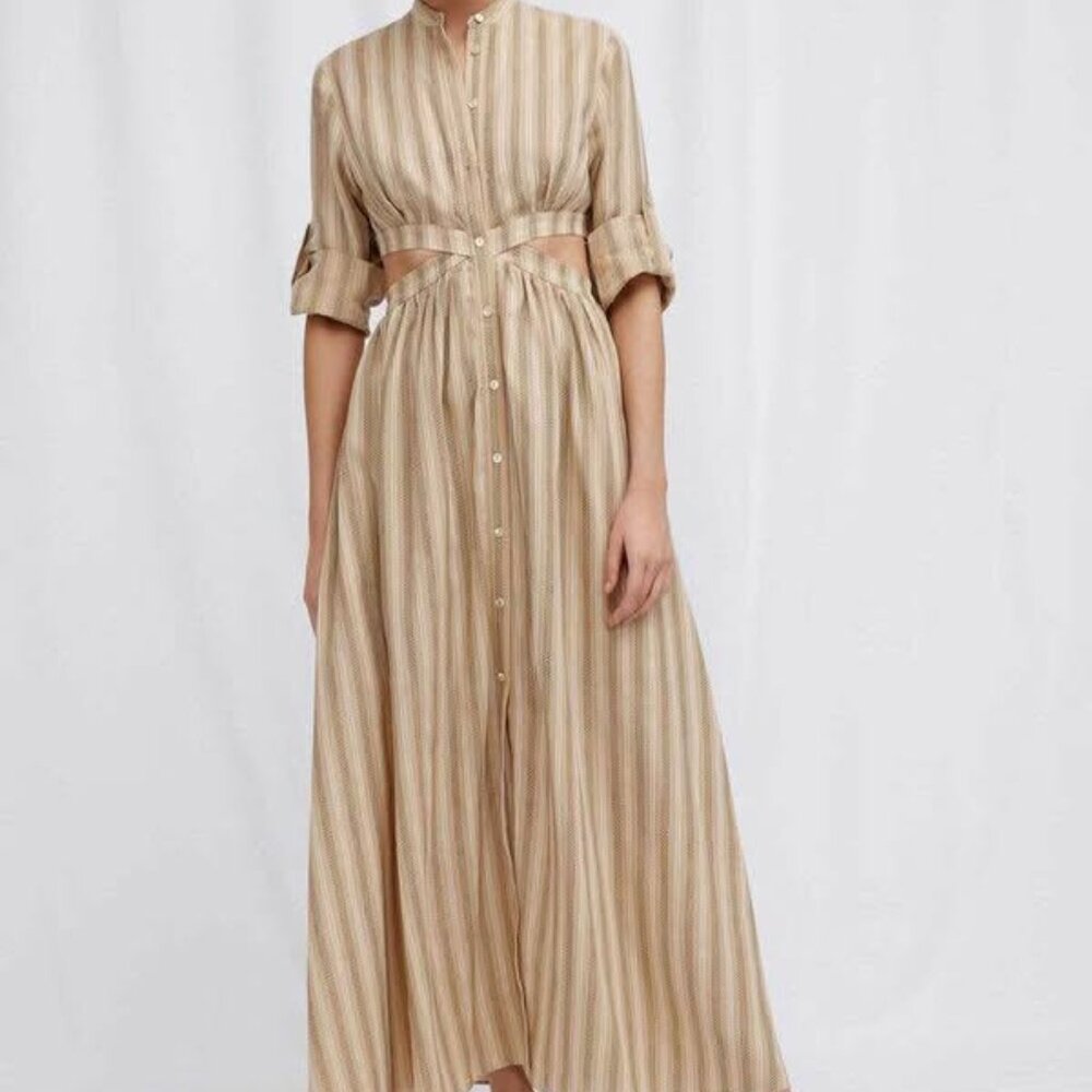 Significant Other (Anthropologie) Linen and Cotton Beige Striped Maxi Dress